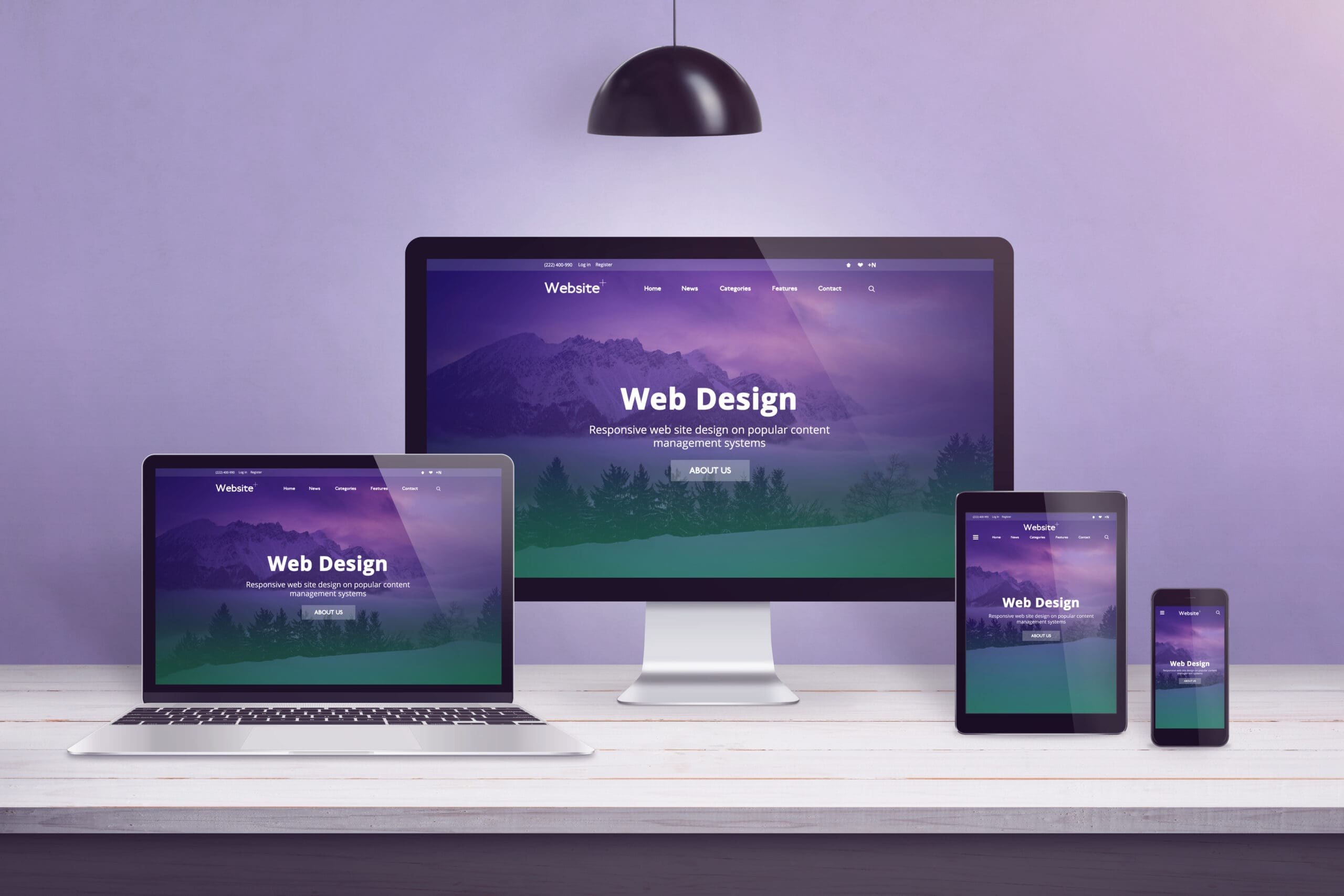 Flat design web site concept on multiple devices. Work desk with