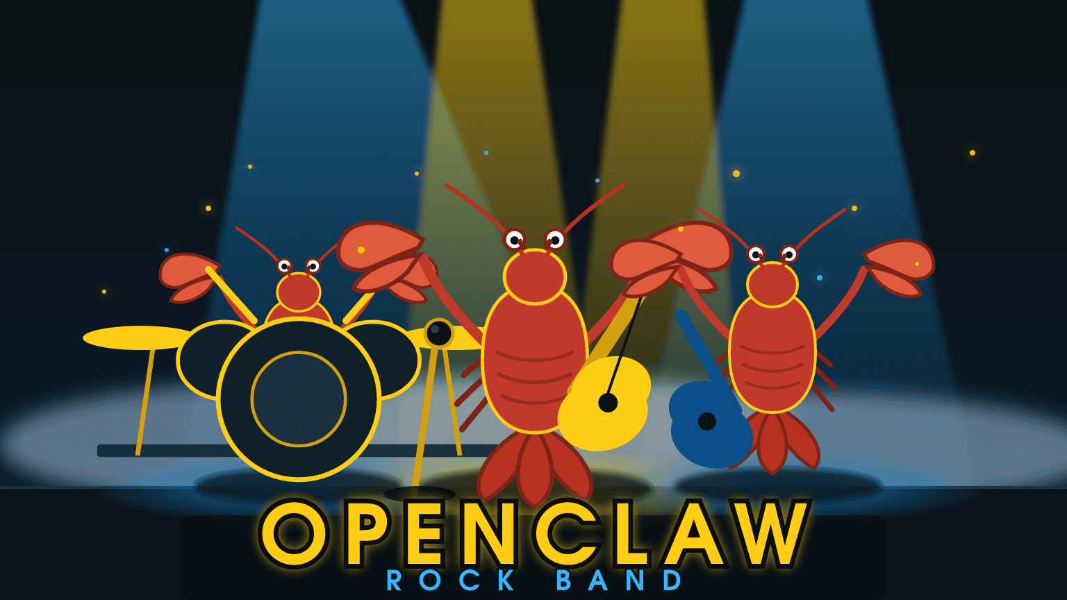 OpenClaw rock band poster: three lobster musicians on stage in blue and gold light